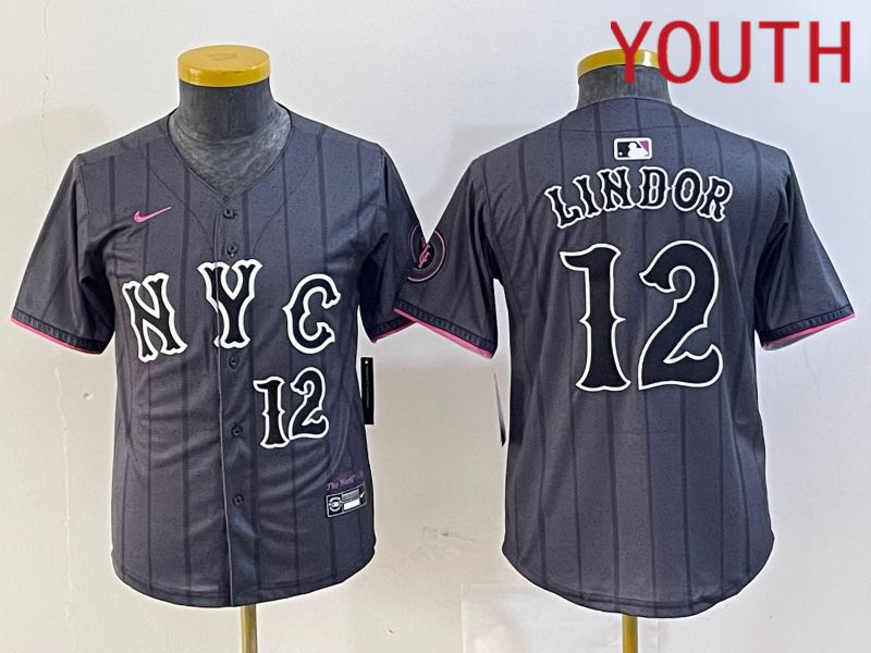 Youth New York Mets #12 Lindor Black City Edition 2024 Nike MLB Jersey style 1